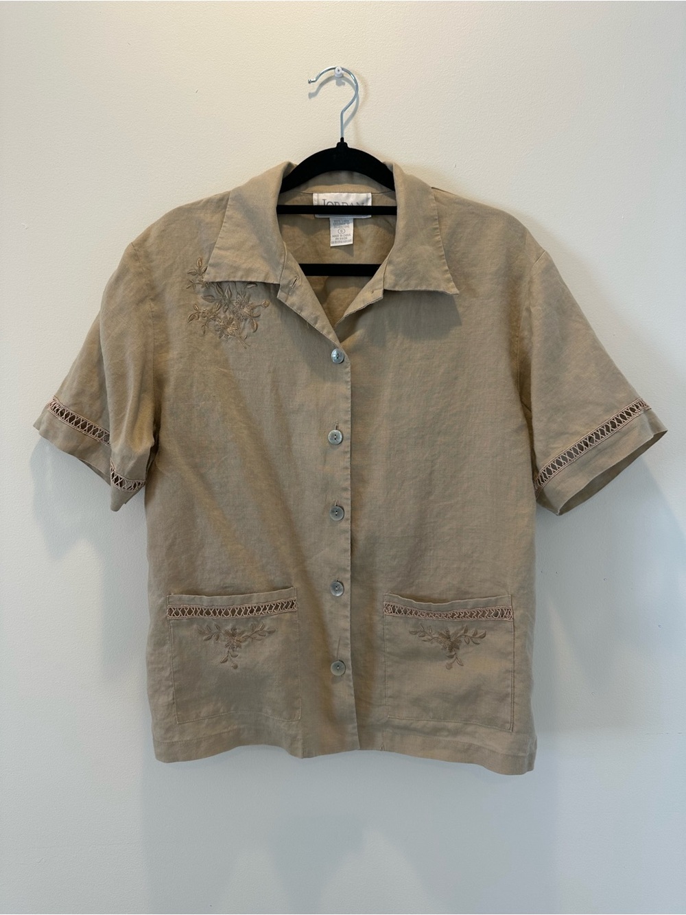 Casual Embroidered 100%linen Short-Sleeve Button-Down Shirt - Beige